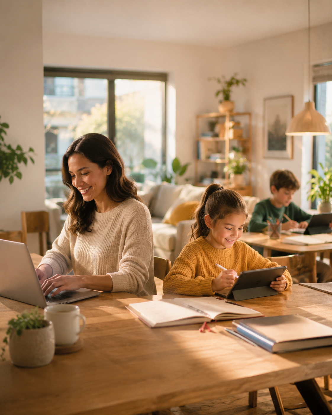 Family using devices with home internet service
